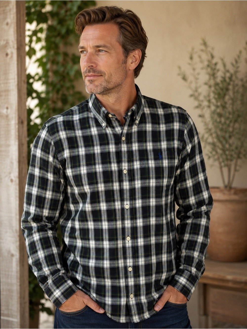 Ralph Lauren Dark Green & White Plaid Button-Down Shirt